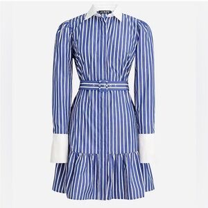 J. Crew Blue and White Striped Long-Sleeve Belted Shirt Dress